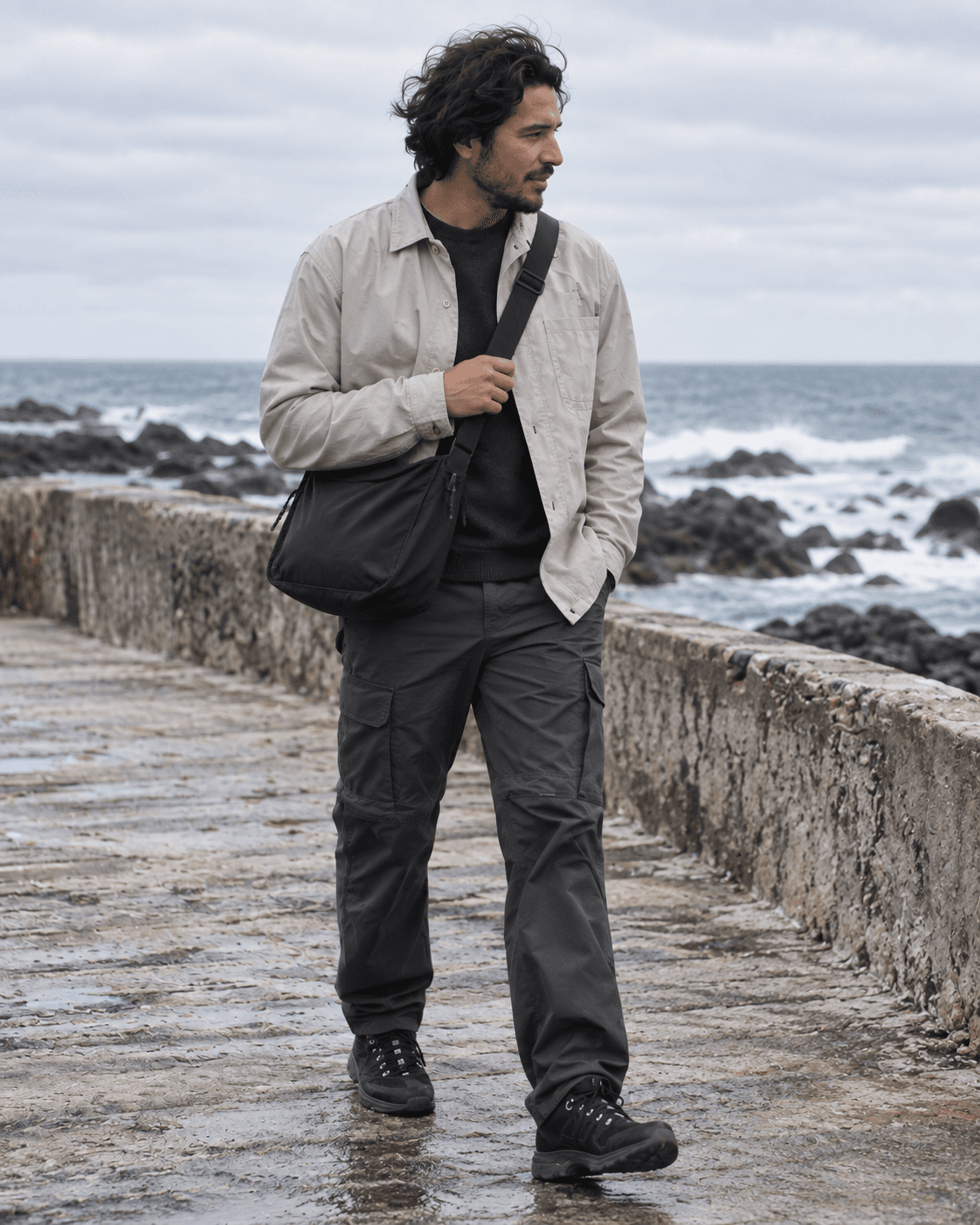 Persona con el Bolso Estuario Negro cruzado al hombro junto a la costa